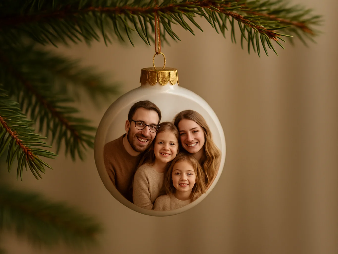 Gros plan éditorial d'une boule de Noël personnalisée avec une ph