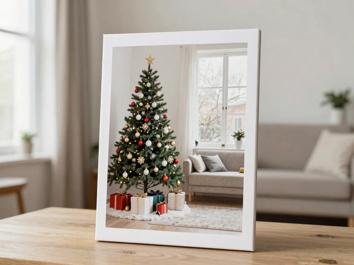 Mains tenant une photo imprimée près d'une boule de Noël, lumière