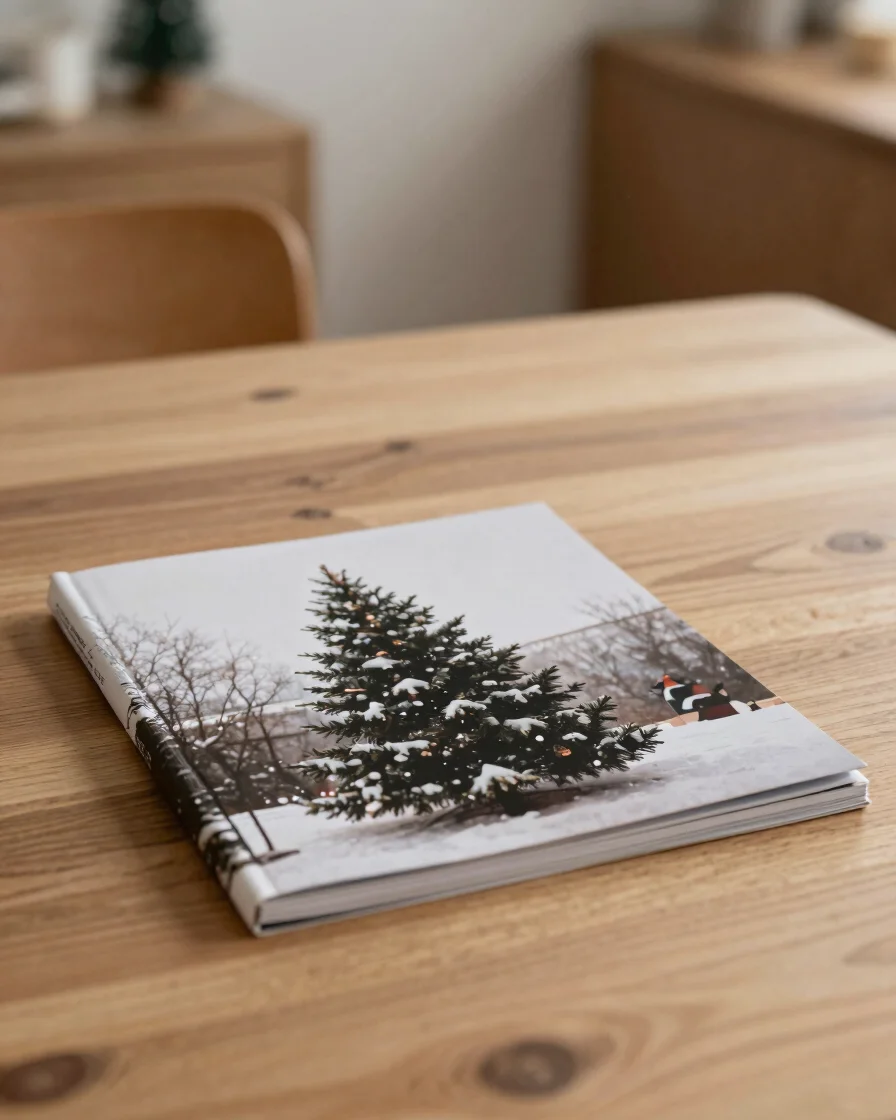 Boule de Noël personnalisée posée sur une table en bois, détail d