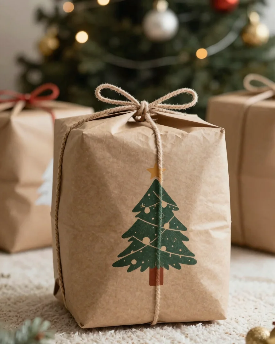 Gros plan sur une boule de Noël personnalisée posée dans un emballage calé de papier kraft, lumière douce d'hiver, palet